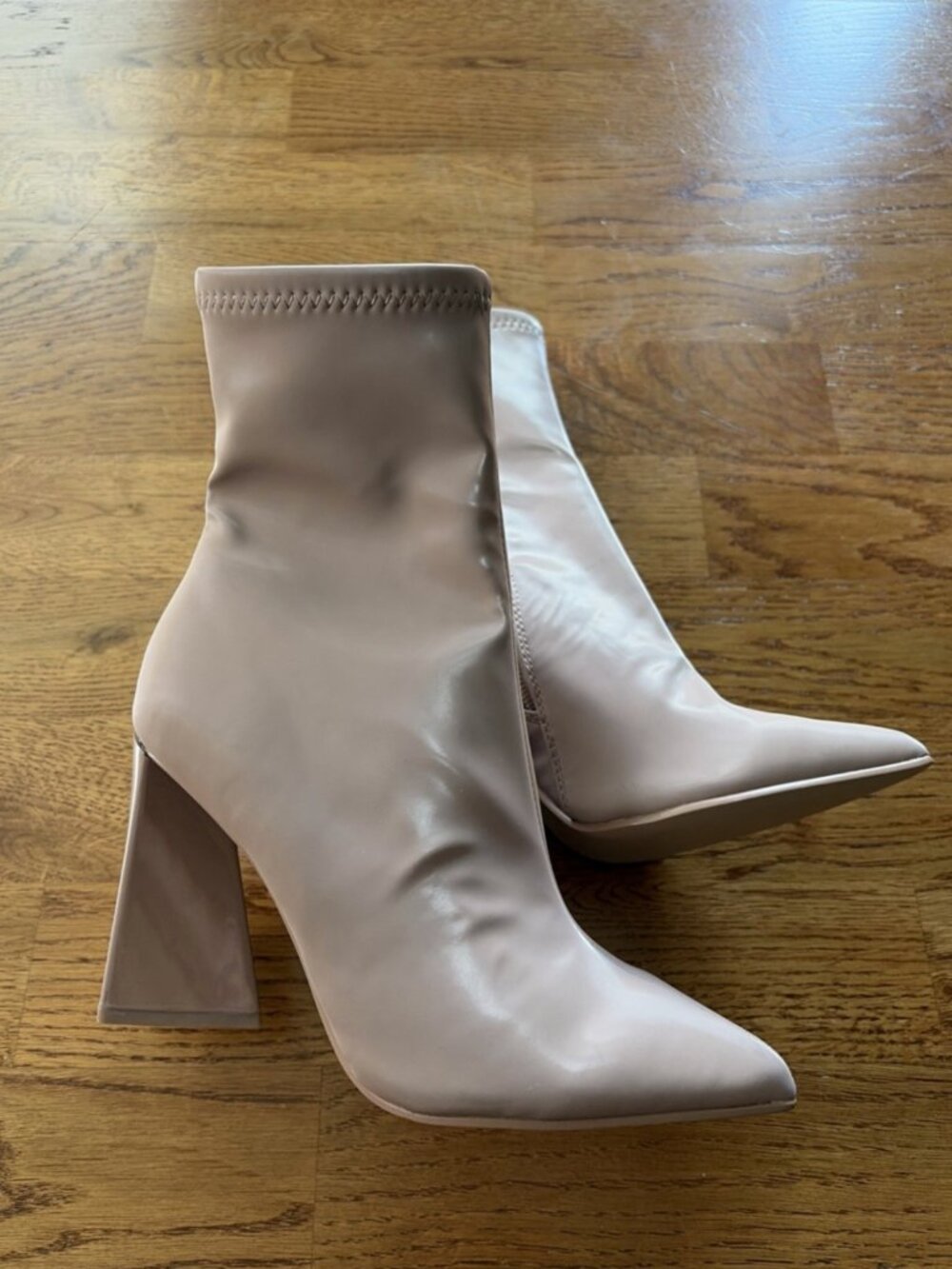 steve madden Kira heeled block boots zip Blush Nude pointy toe ankle Tan ticker